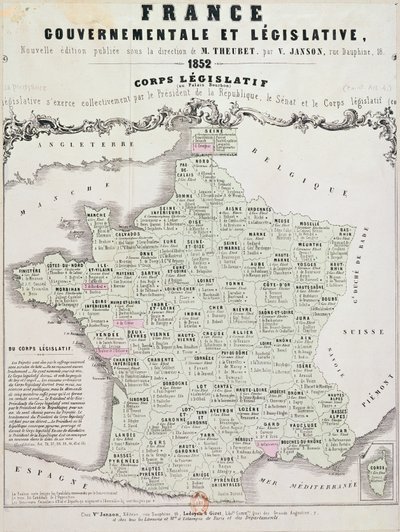Governmental and Legislative Map of France, printed by Ledoyen and Giret, Paris by French School